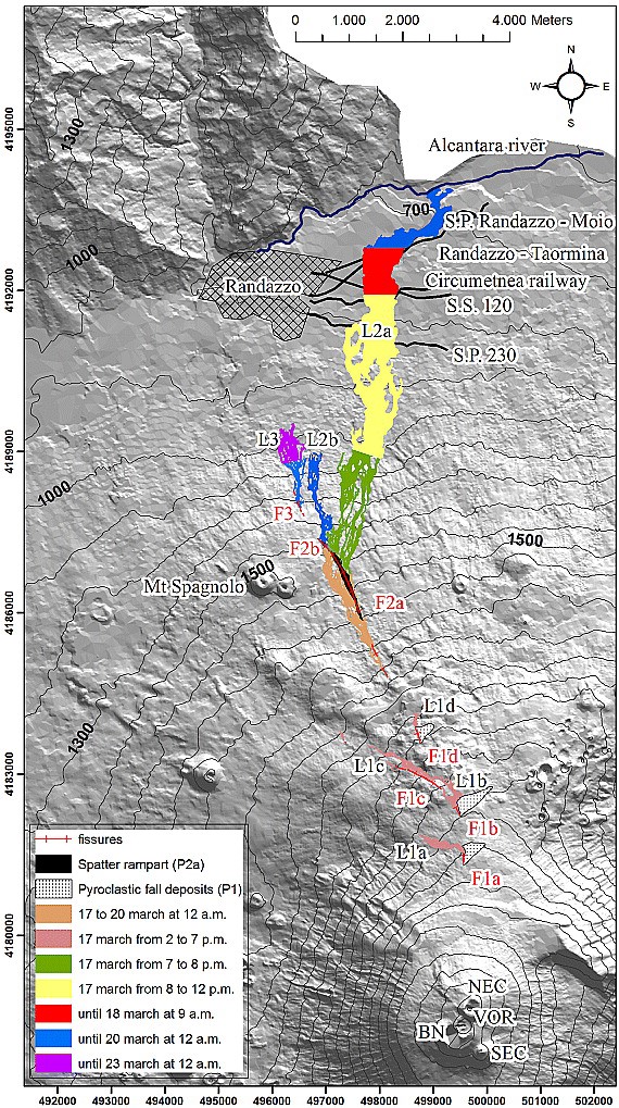 Mappa delle fessure e dell'evoluzione temporale del campo lavico dell'eruzione dell'Etna del 1981.